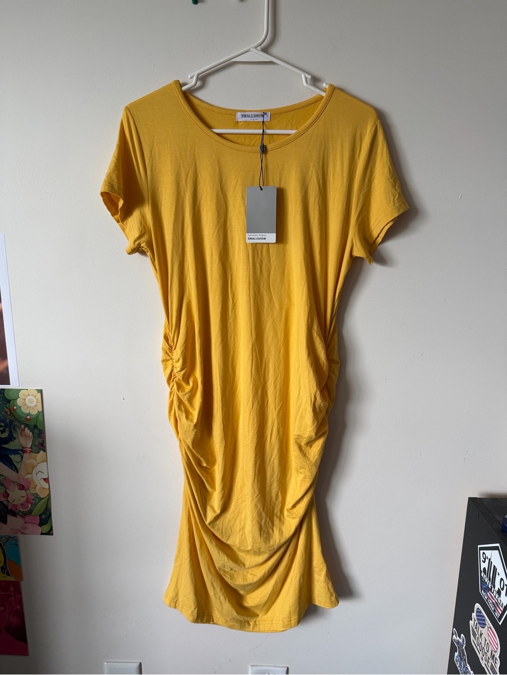 Maternity Fashionably Pregnant Mustard Yellow Ruched Midi Dress